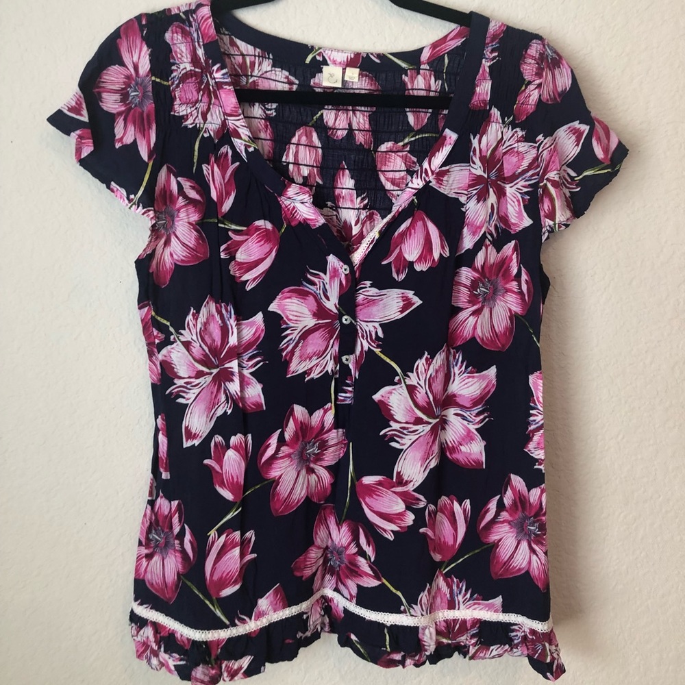 ANTHRO Navy and Pink Floral Top